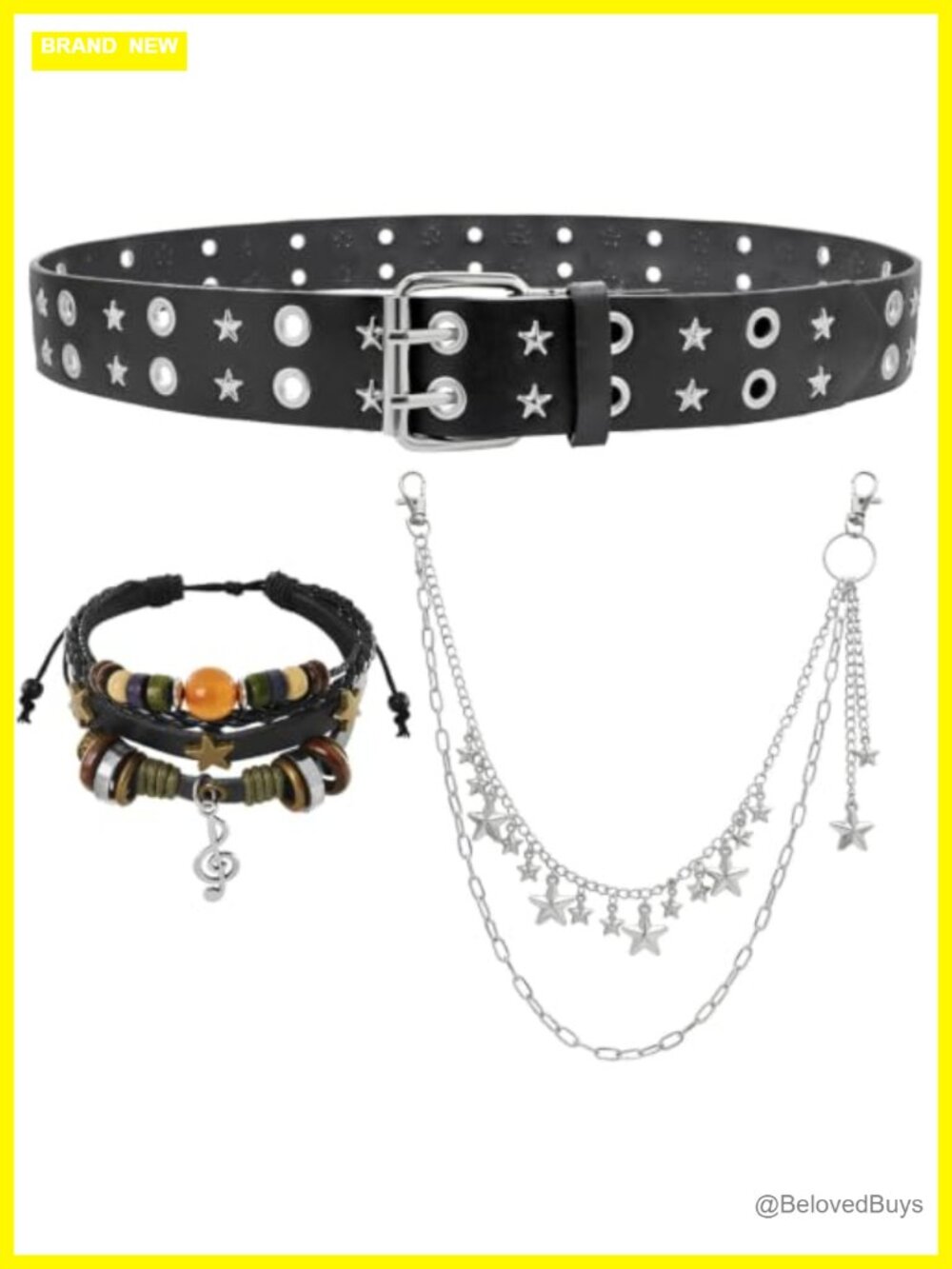 3 Pc Grunge Y2K Star Studded Belt Chain PU Leather Bracelet Set